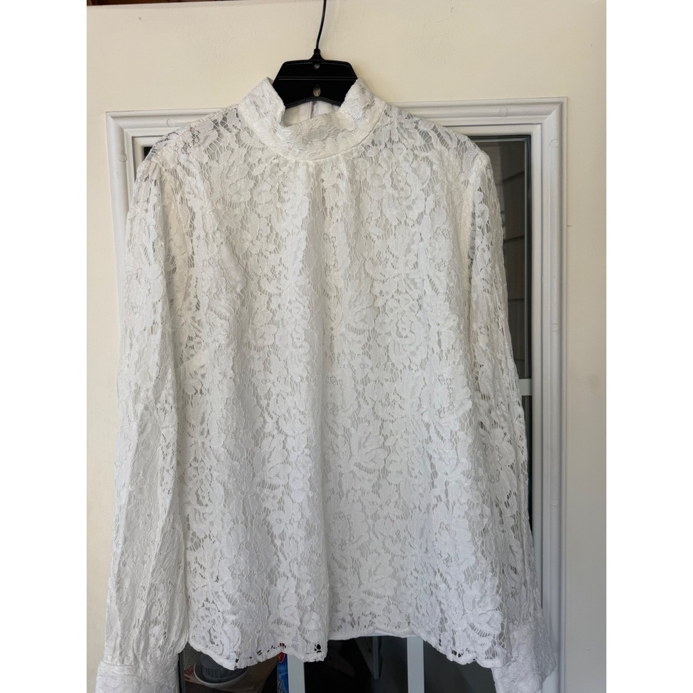 Lauren Ralph Lauren Womens Lace Mock Neck Blouse White 12 Coquette Romantic